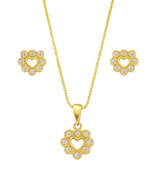 Kit Colar e Brinco Coração com Zircônias em Ouro Semijoia Delicada