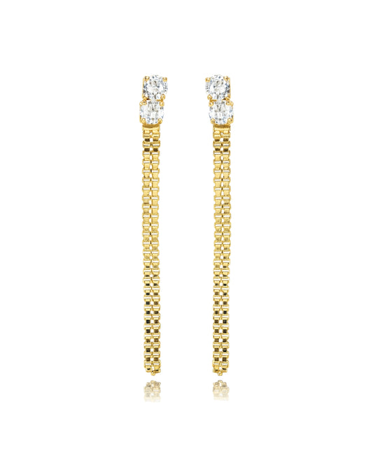 Brinco Longo Corrente com Zircônias em Ouro Semijoia Sofisticada