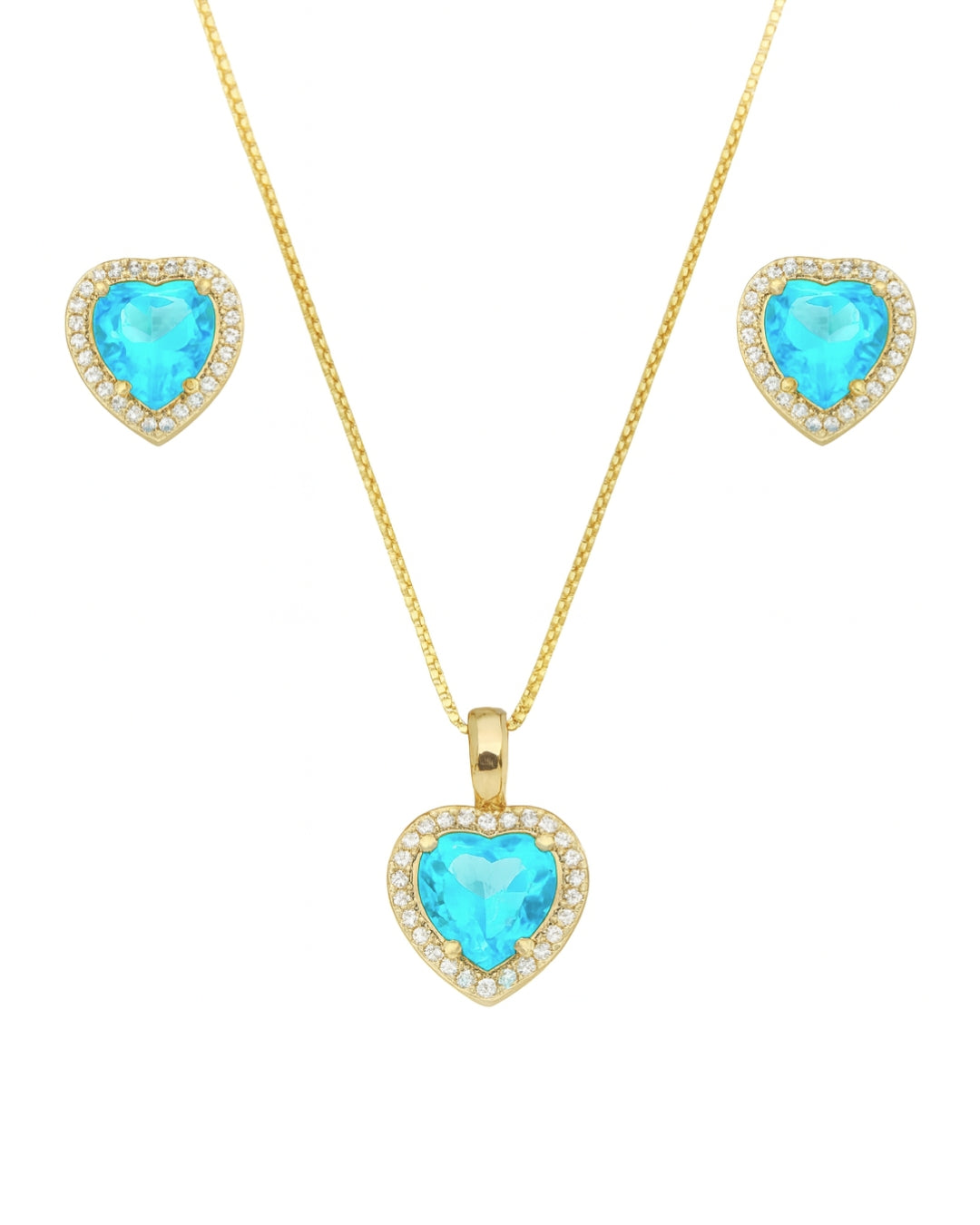 Kit Colar e Brinco Coração Azul com Zircônias em Ouro Semijoia Elegante
