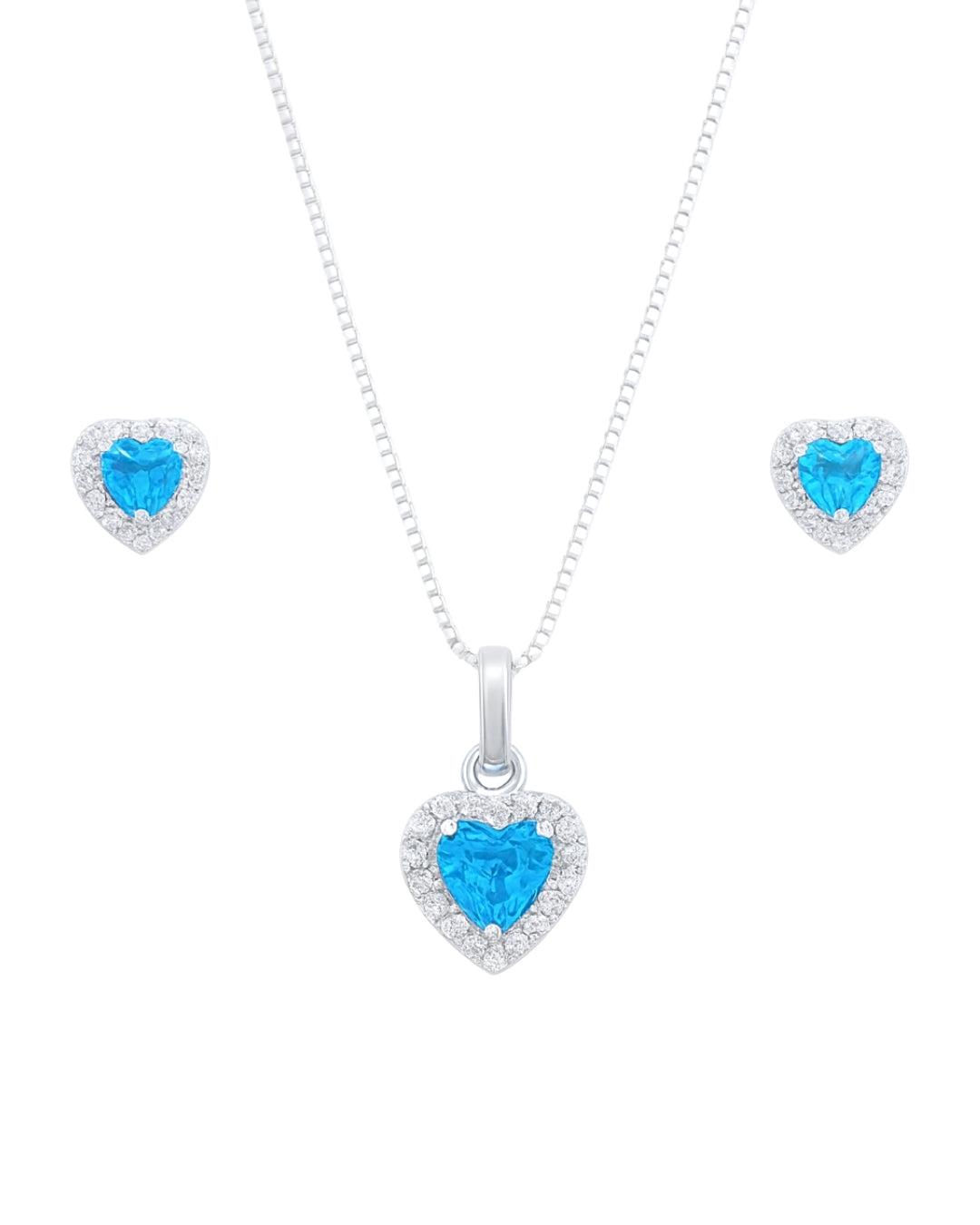 Kit Colar e Brinco Coração Azul em Prata Semijoia com Zircônias Brancas