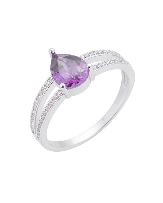 Anel Gota com Pedra Lilás Zircônias em Prata Semijoia Sofisticada