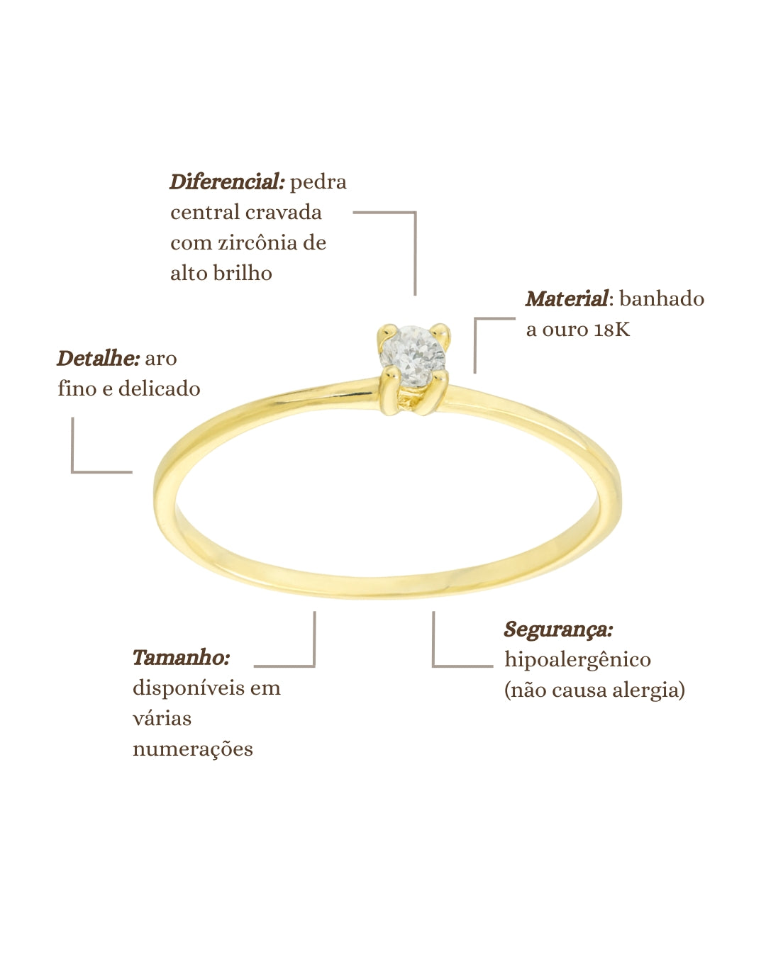 Anel Solitário Minimalista em Ouro Semijoia com Pedra de Zircônia
