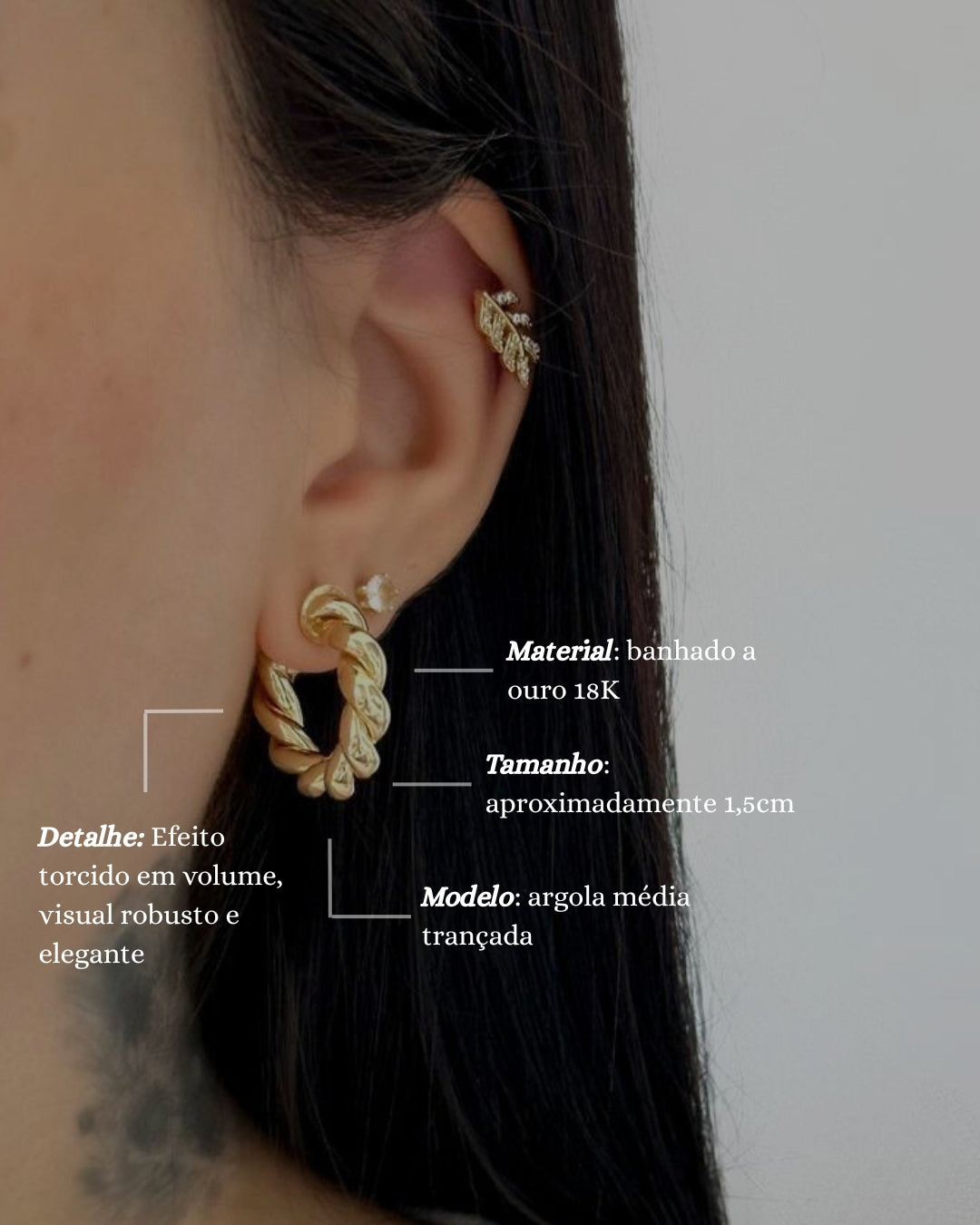 Brinco Argola Torcida em Ouro Semijoia Moderna Sofisticada