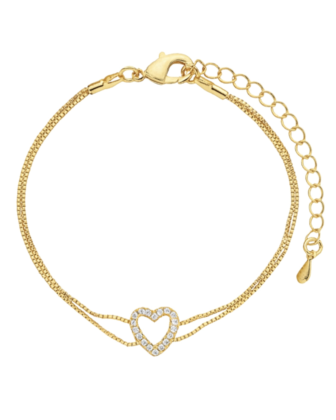 Pulseira Coração Cravejado em Ouro Semijoia Corrente Dupla