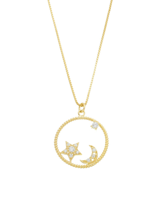 Colar Lua e Estrela com Zircônias em Ouro Semijoia Minimalista