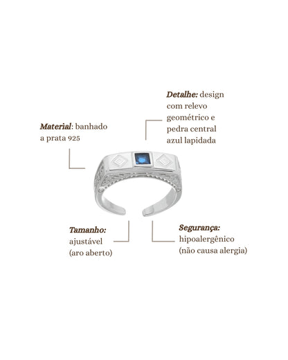 Anel Retangular com Pedra Azul em Prata Semijoia Unissex