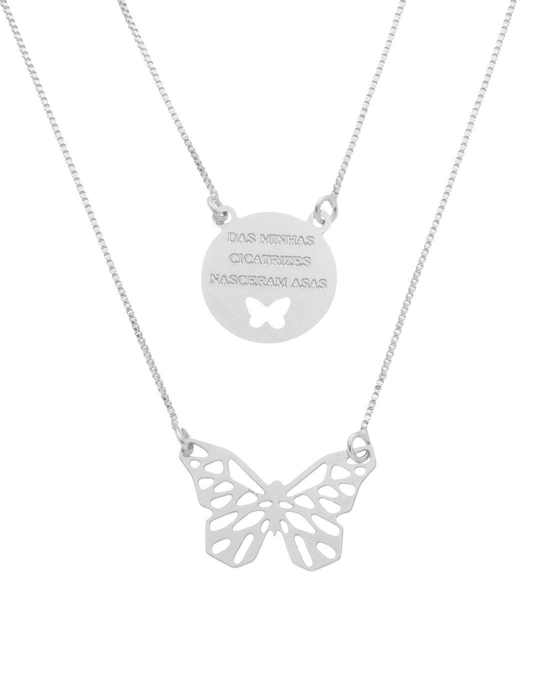 Colar Duplo Borboleta em Prata Semijoia Das Minhas Cicatrizes Nasceram Asas