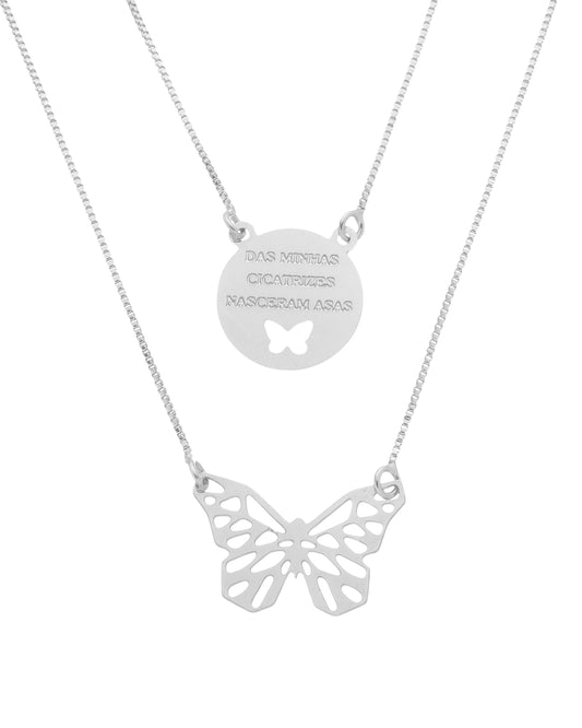 Colar Duplo Borboleta em Prata Semijoia Das Minhas Cicatrizes Nasceram Asas