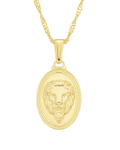 Colar Medalha Oval Leão em Ouro com Relevo Força Coragem
