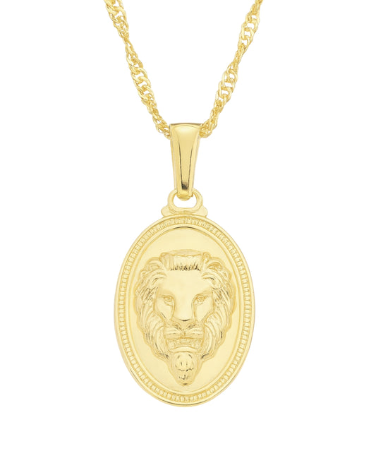 Colar Medalha Oval Leão em Ouro com Relevo Força Coragem