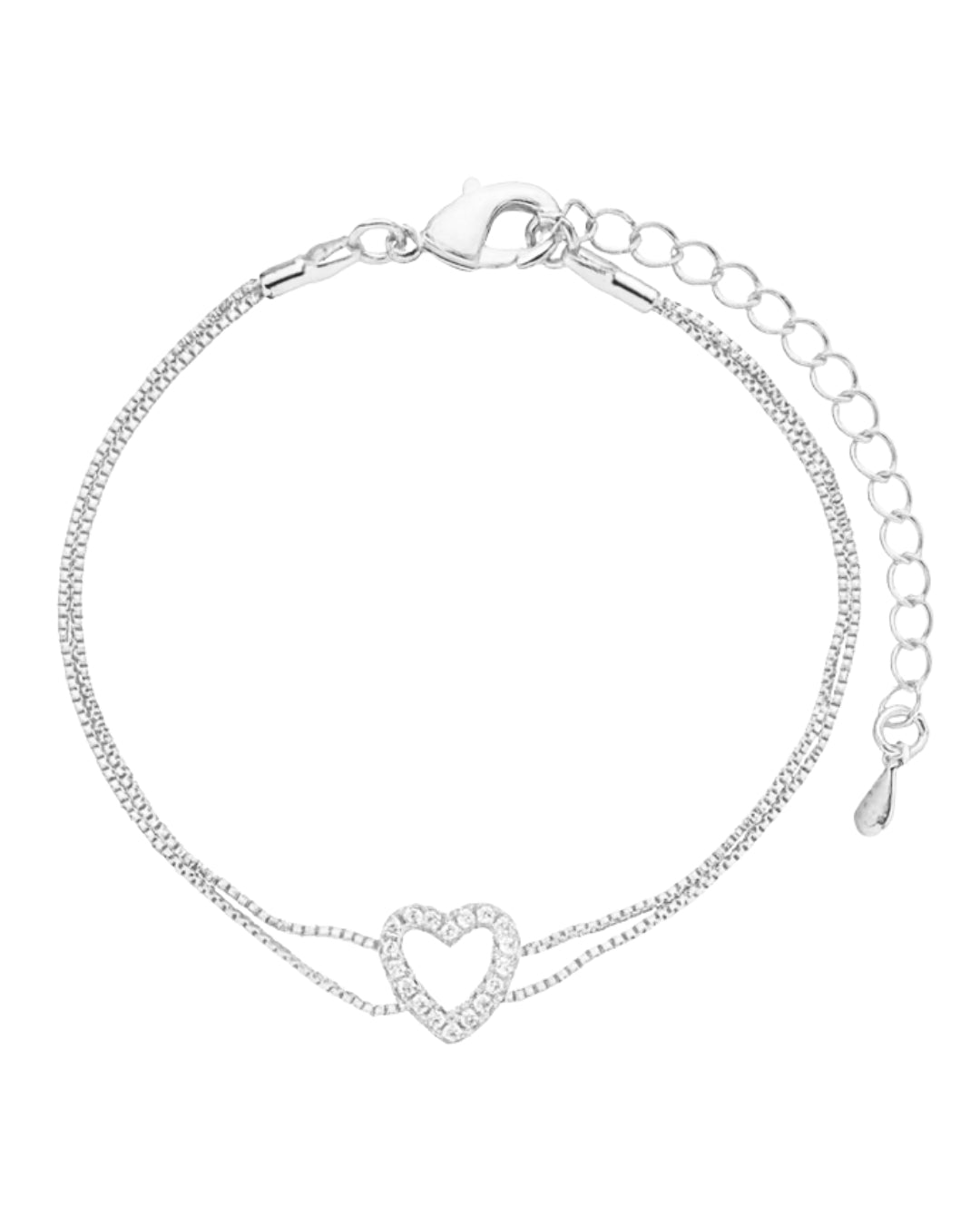 Pulseira Coração Cravejado em Prata Semijoia Corrente Dupla