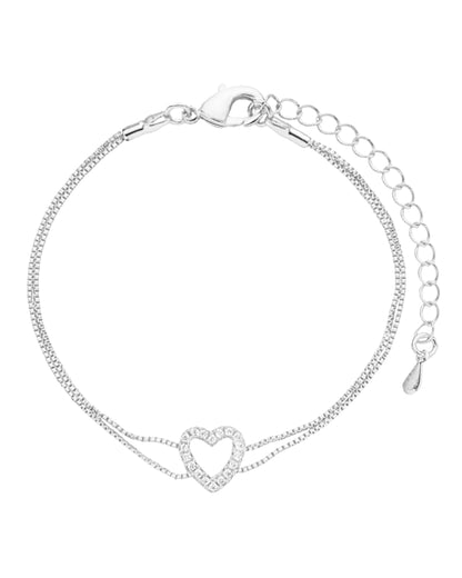 Pulseira Coração Cravejado em Prata Semijoia Corrente Dupla