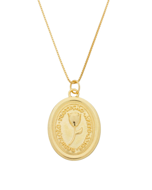 Colar Medalha Rosa Proteção e Amor em Ouro Semijoia com Significado