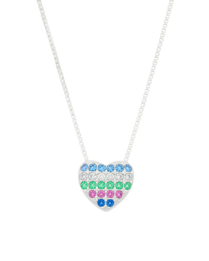 Colar Coração Colorido com Zircônias em Prata Semijoia Minimalista