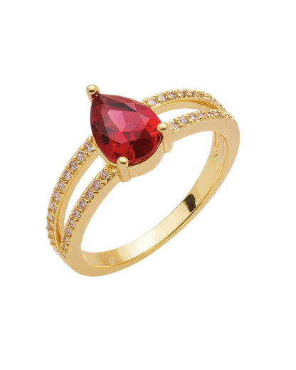 Anel Gota com Pedra Rubi Zircônias em Ouro Semijoia Sofisticada