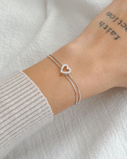 Pulseira Coração Cravejado em Prata Semijoia Corrente Dupla