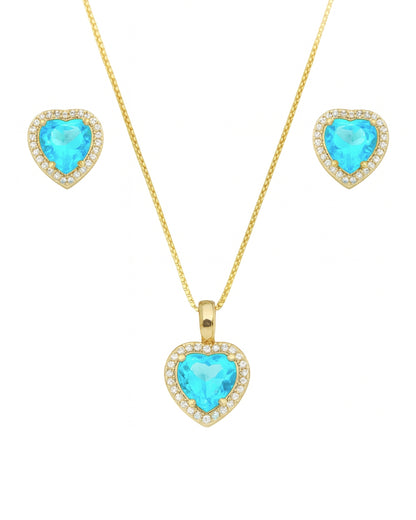 Kit Colar e Brinco Coração Azul com Zircônias em Ouro Semijoia Elegante