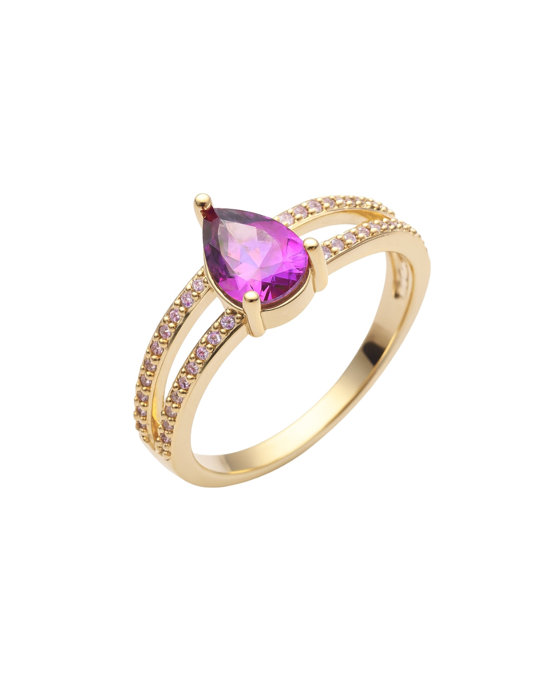Anel Gota com Pedra Lilás Zircônias em Ouro Semijoia Sofisticada