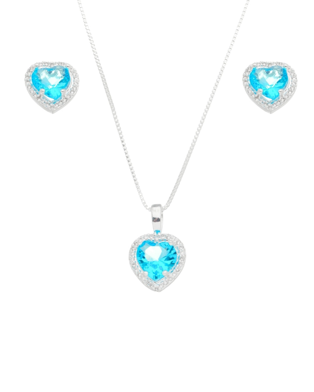 Kit Colar e Brinco Coração Azul com Zircônias em Prata Semijoia Elegante