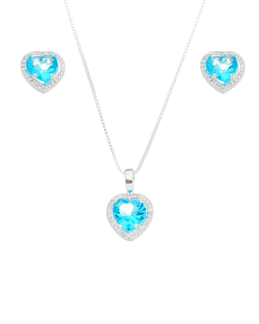Kit Colar e Brinco Coração Azul com Zircônias em Prata Semijoia Elegante