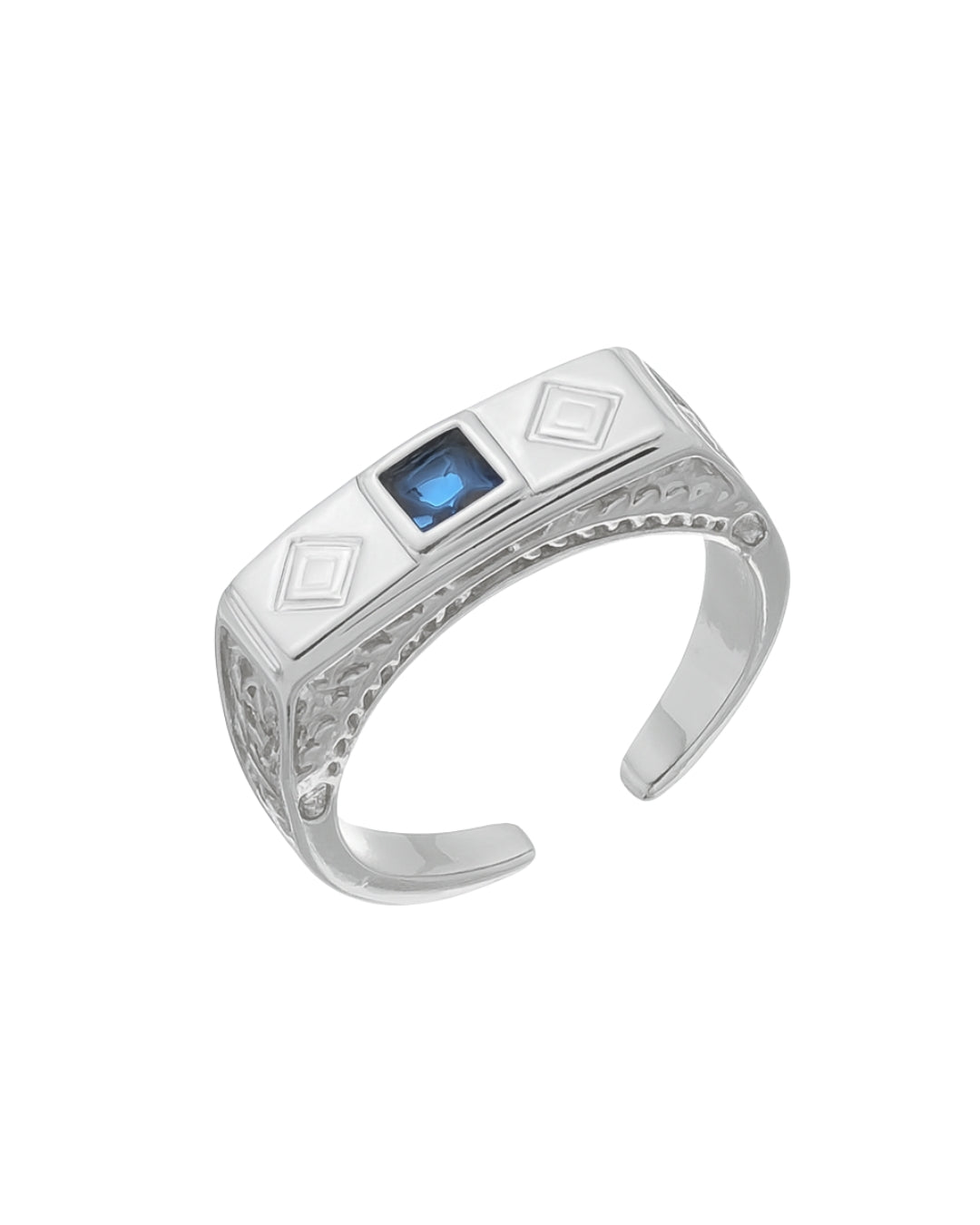 Anel Retangular com Pedra Azul em Prata Semijoia Unissex