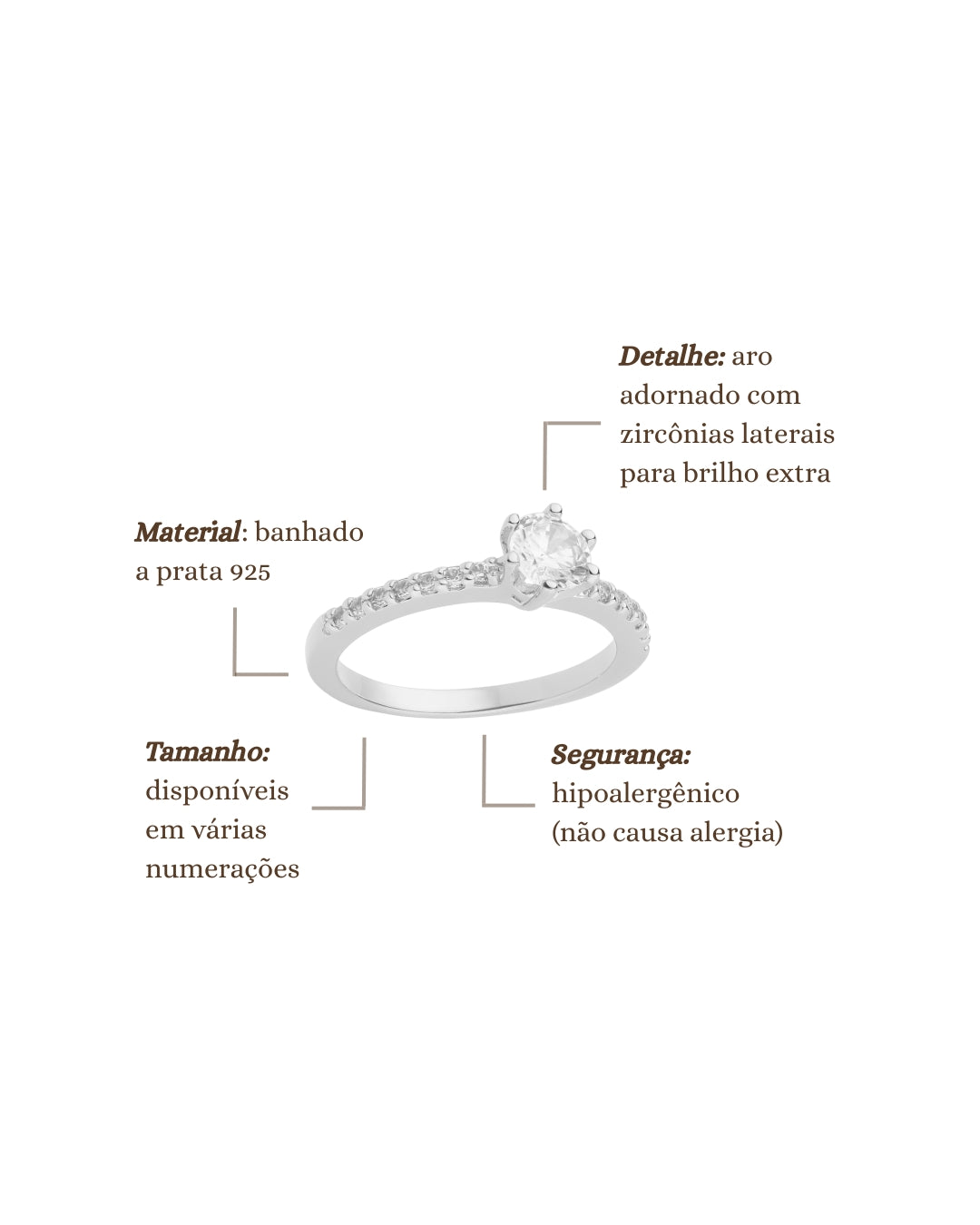 Anel Solitário Cravejado com Zircônia em Prata Semijoia Minimalista