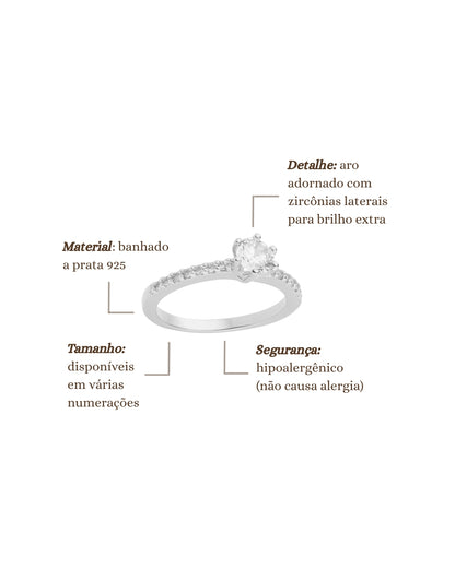 Anel Solitário Cravejado com Zircônia em Prata Semijoia Minimalista