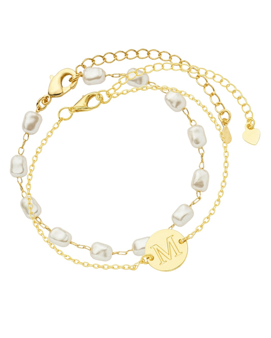 Kit Pulseira Pérolas com Inicial em Ouro Semijoia Clássica