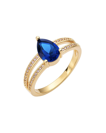 Anel Gota com Pedra Azul Zircônias em Ouro Semijoia Sofisticada