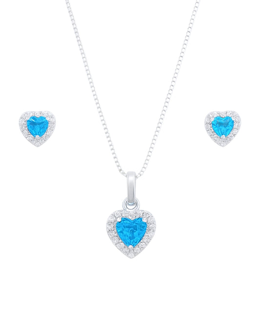 Kit Colar e Brinco Coração Azul em Prata Semijoia com Zircônias Brancas