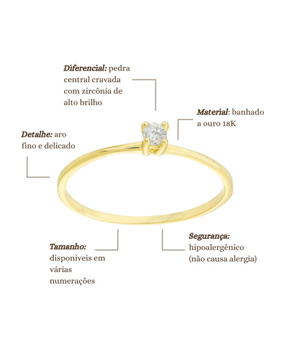 Anel Solitário Minimalista em Ouro Semijoia com Pedra de Zircônia