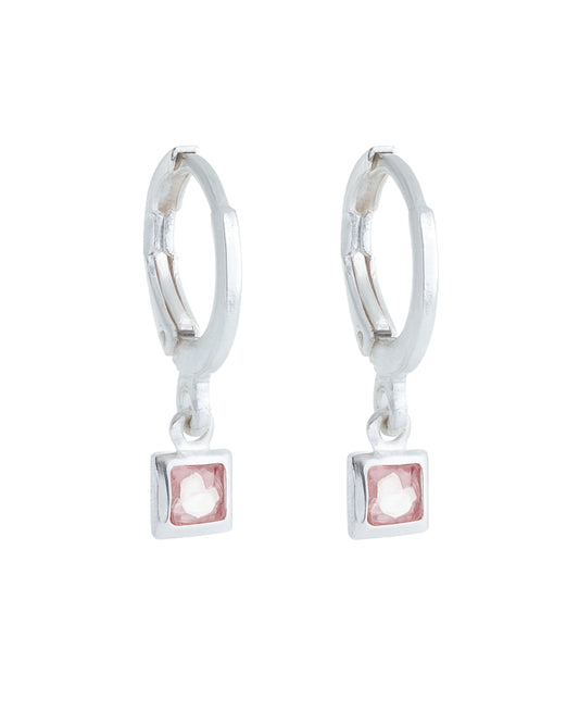 Brinco Argola com Pedra Rosa - Prata