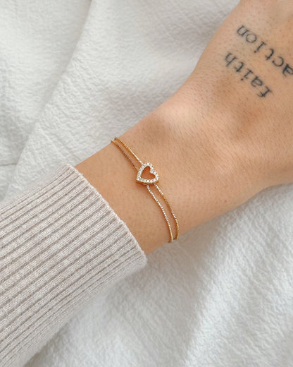 Pulseira Coração Cravejado em Ouro Semijoia Corrente Dupla