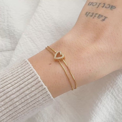 Pulseira Coração Cravejado em Ouro Semijoia Corrente Dupla