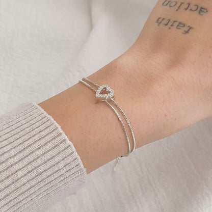 Pulseira Coração Cravejado em Prata Semijoia Corrente Dupla